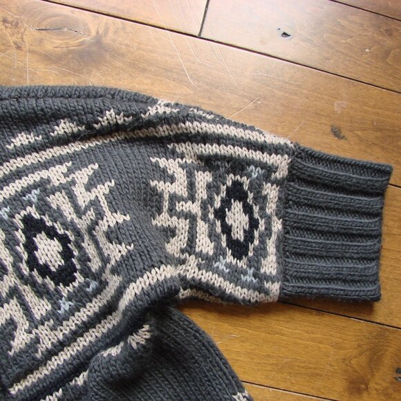 Chunky Knit Cardigan Sweater Gray Cream Aztec Pattern Wool Alpaca Blend Medium - Picture 5 of 16